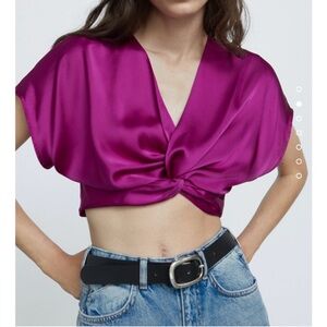 Satin Knot Front Top - Fuchsia